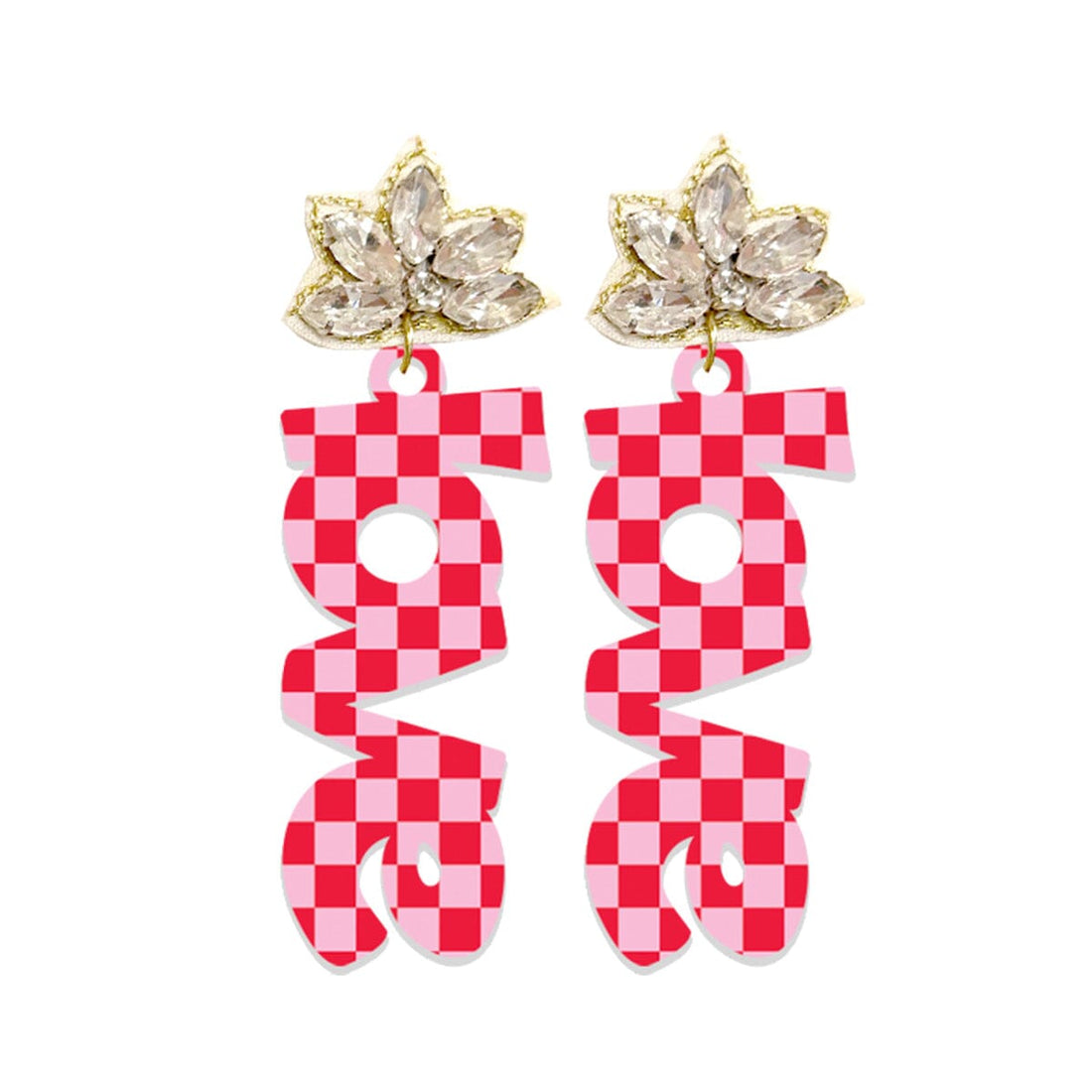 Red &amp; Pink Check Acrylic Love Earrings