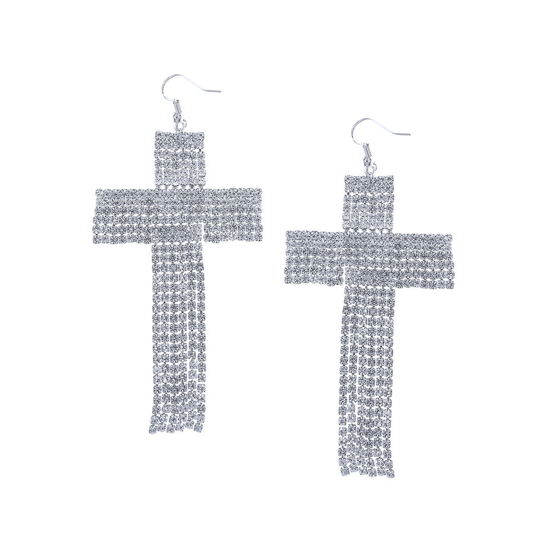 Rhinestone Cross Fringe Silver Earrings