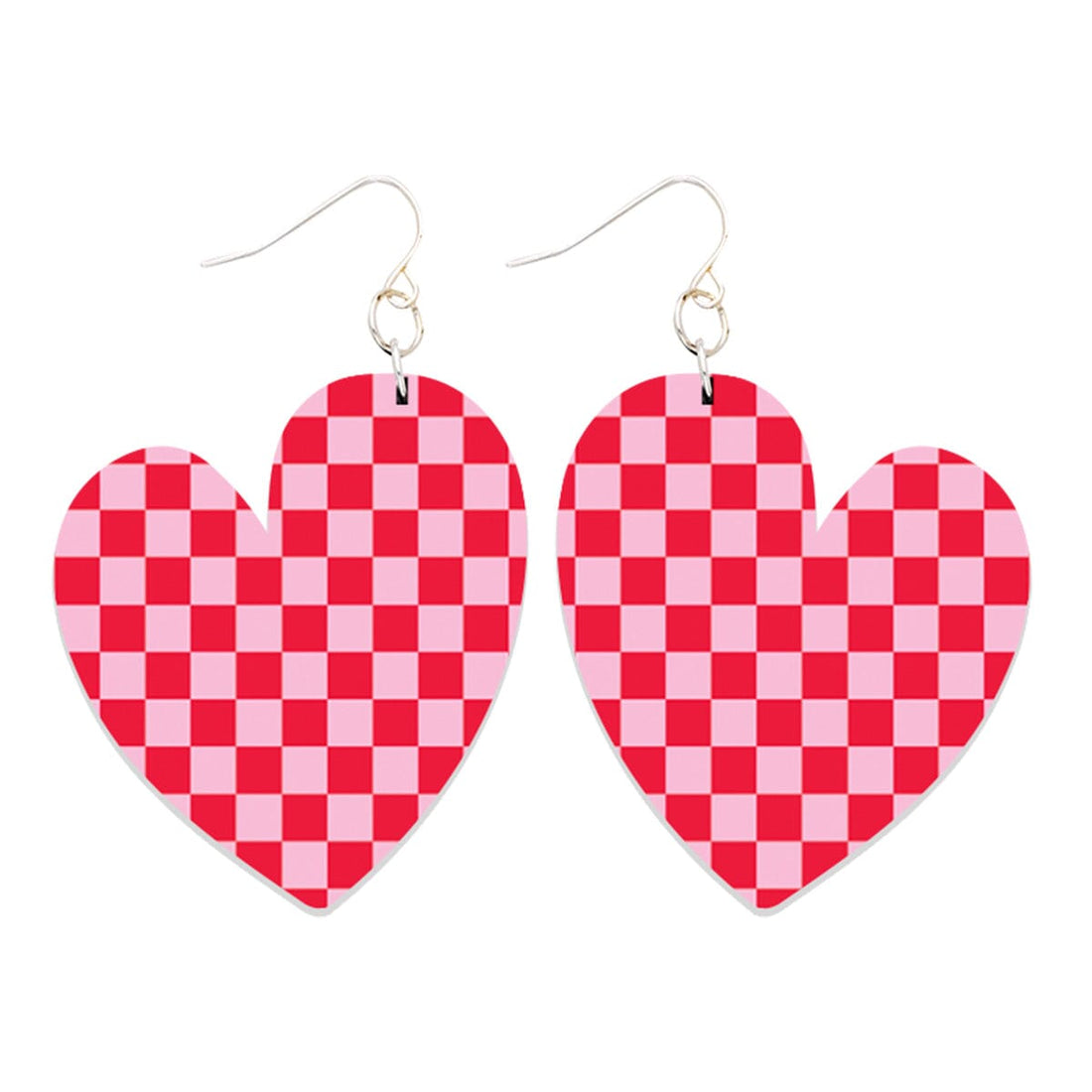 Red &amp; Pink Check Acrylic Full Heart Earrings