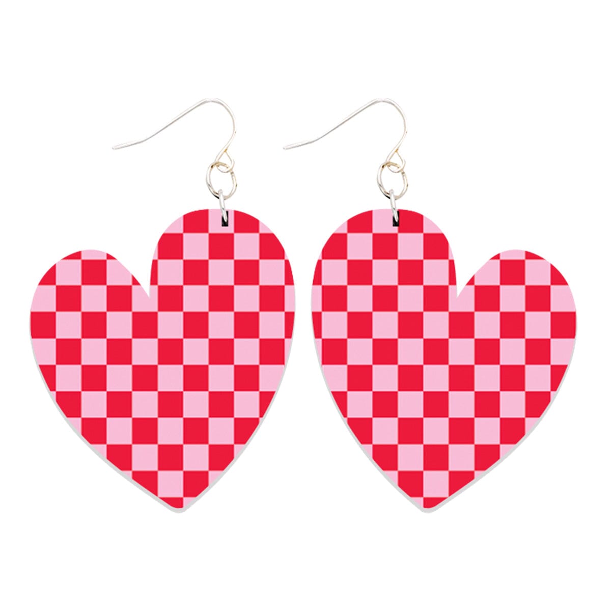 Red &amp; Pink Check Acrylic Full Heart Earrings