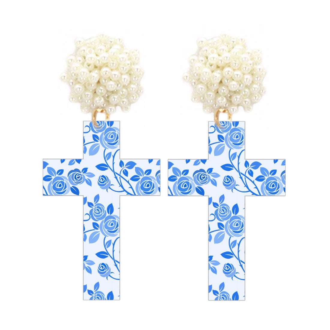 Blue Floral Acrylic Cross Earrings