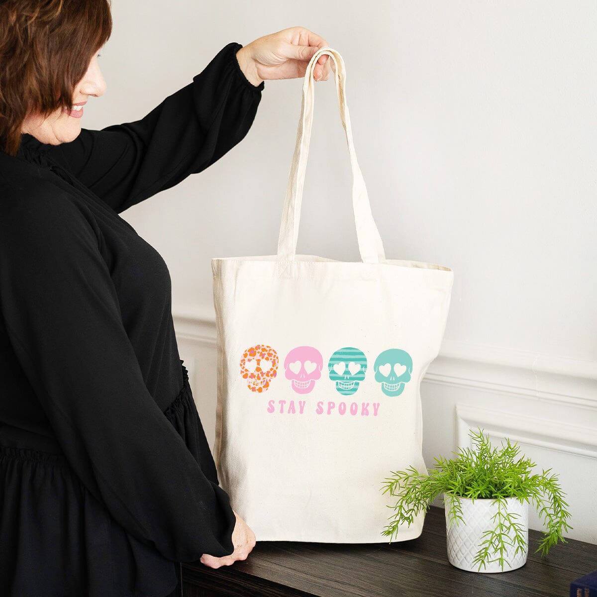 Printed Skull Stay Spooky Canvas Tote