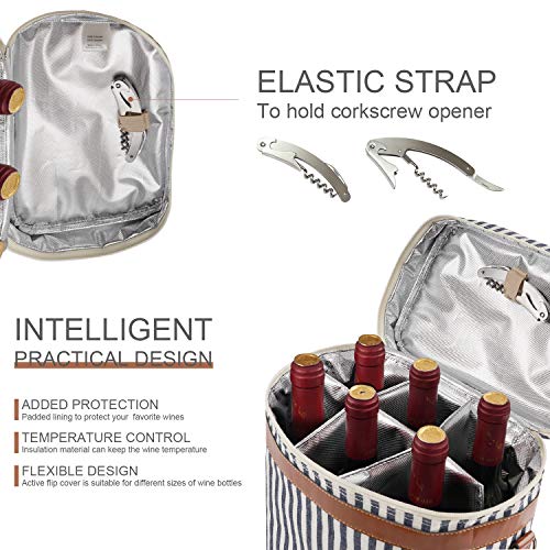 6 Bottle Insulated Wine Tote Bag, Travel Padded Wine Carrier Cooler with Corkscrew Opener and Adjustable Shoulder Strap, Perfect Wine Lover&