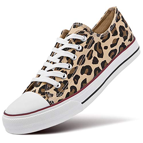 ZGR Women’s Canvas Low Top Sneaker Lace-up Classic Casual Shoes Black and White (US9, Leopard