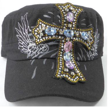 Rhinestone Women's Cadet Hat - Angelic Cross - Black-Get Me Bedazzled