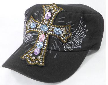 Rhinestone Women's Cadet Hat - Angelic Cross - Black-Get Me Bedazzled