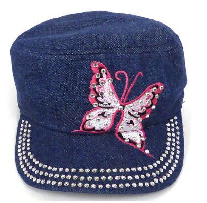 Rhinestone Butterfly Cadet Hat- Dark Denim-Get Me Bedazzled