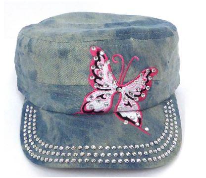 Rhinestone Butterfly Cadet Hat- Splash L Denim-Get Me Bedazzled