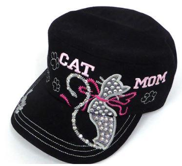 Rhinestone Castro Caps - Cat Mom - Black-Get Me Bedazzled
