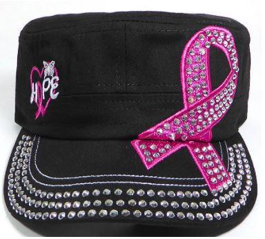 Rhinestone Pink Ribbon Castro Hat - Hope - Black-Get Me Bedazzled