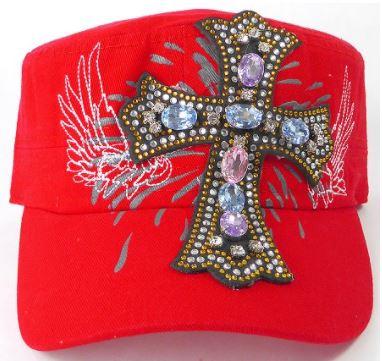 Rhinestone Women's Cadet Hat - Angelic Cross - Red-Get Me Bedazzled