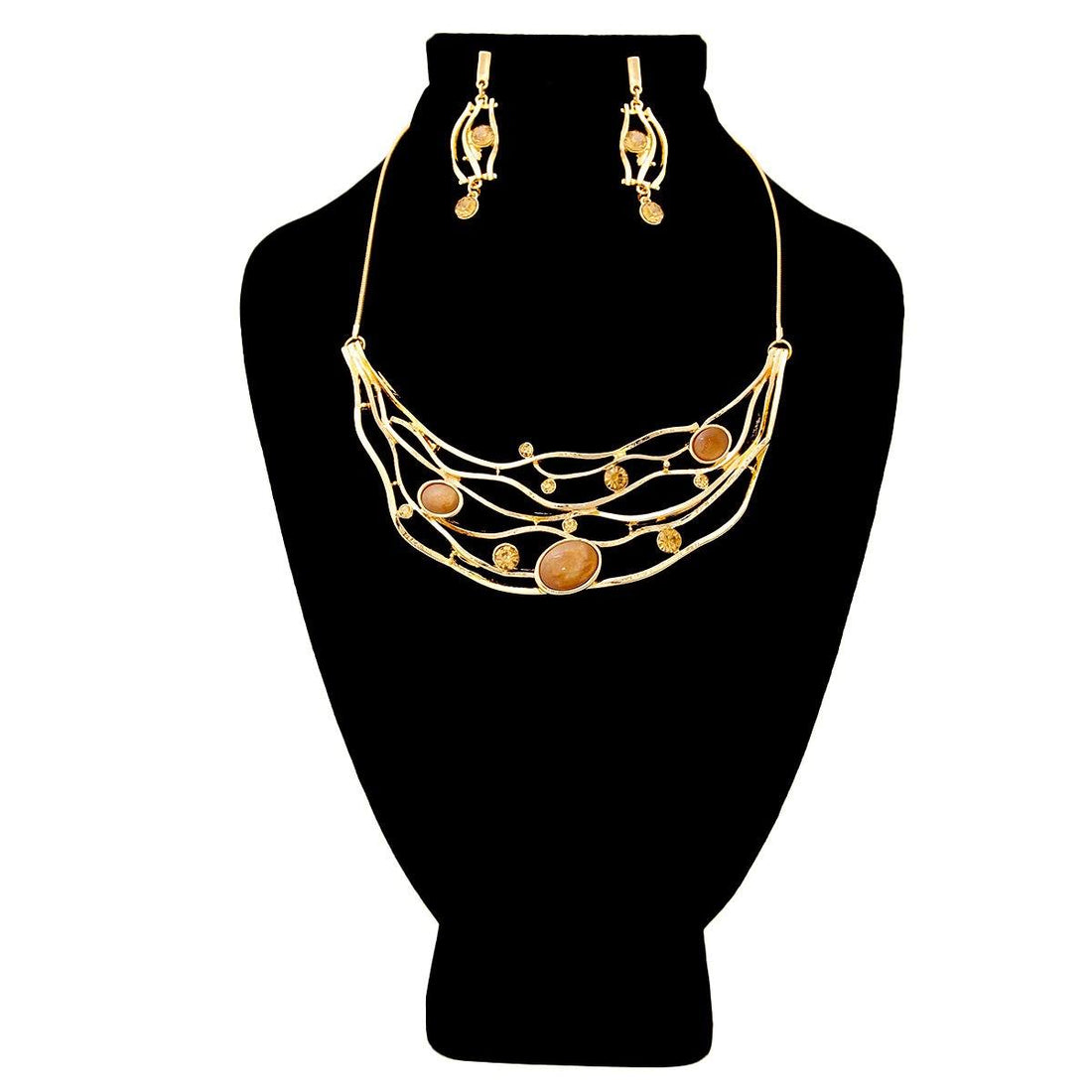 Gold Bib Necklace Set Featuring Brown Crystal and Topaz Rhinestone Detail