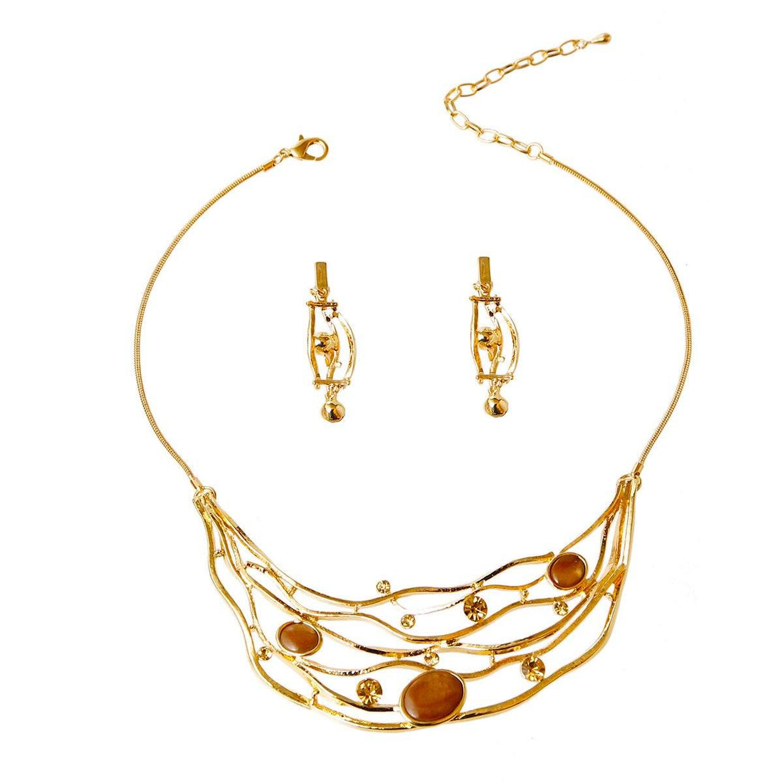 Gold Bib Necklace Set Featuring Brown Crystal and Topaz Rhinestone Detail