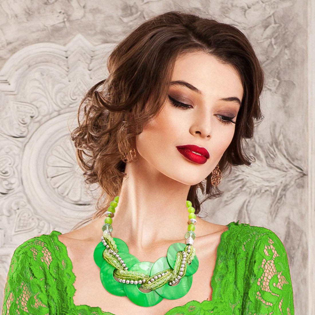 Green Disc Beaded Necklace Set