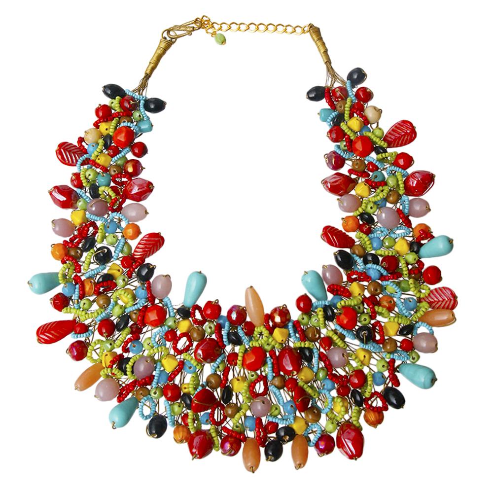 Rainbow Color Bead and Copper Bib Necklace