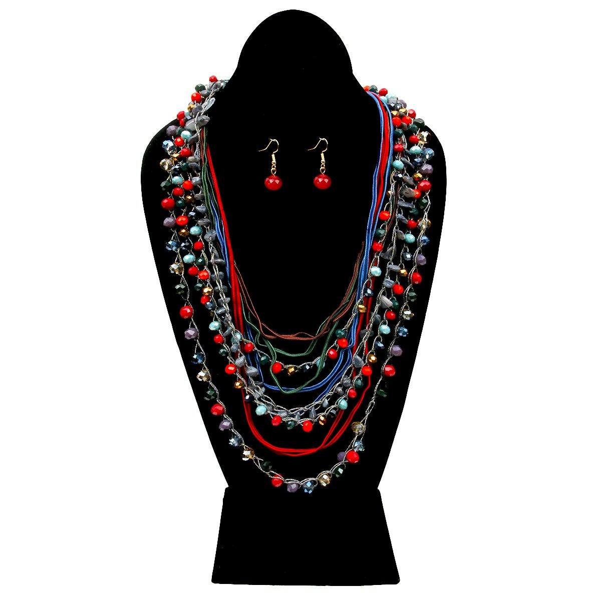 Multi Color Glass and Stone Bead with Cord Multi Strand Layered Necklace Set