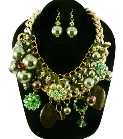 Chunky Green Clustered  Necklace Sets