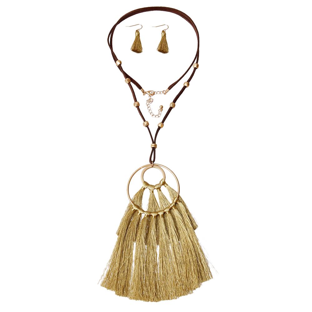 Long Gold Fan Tassel Necklace Set