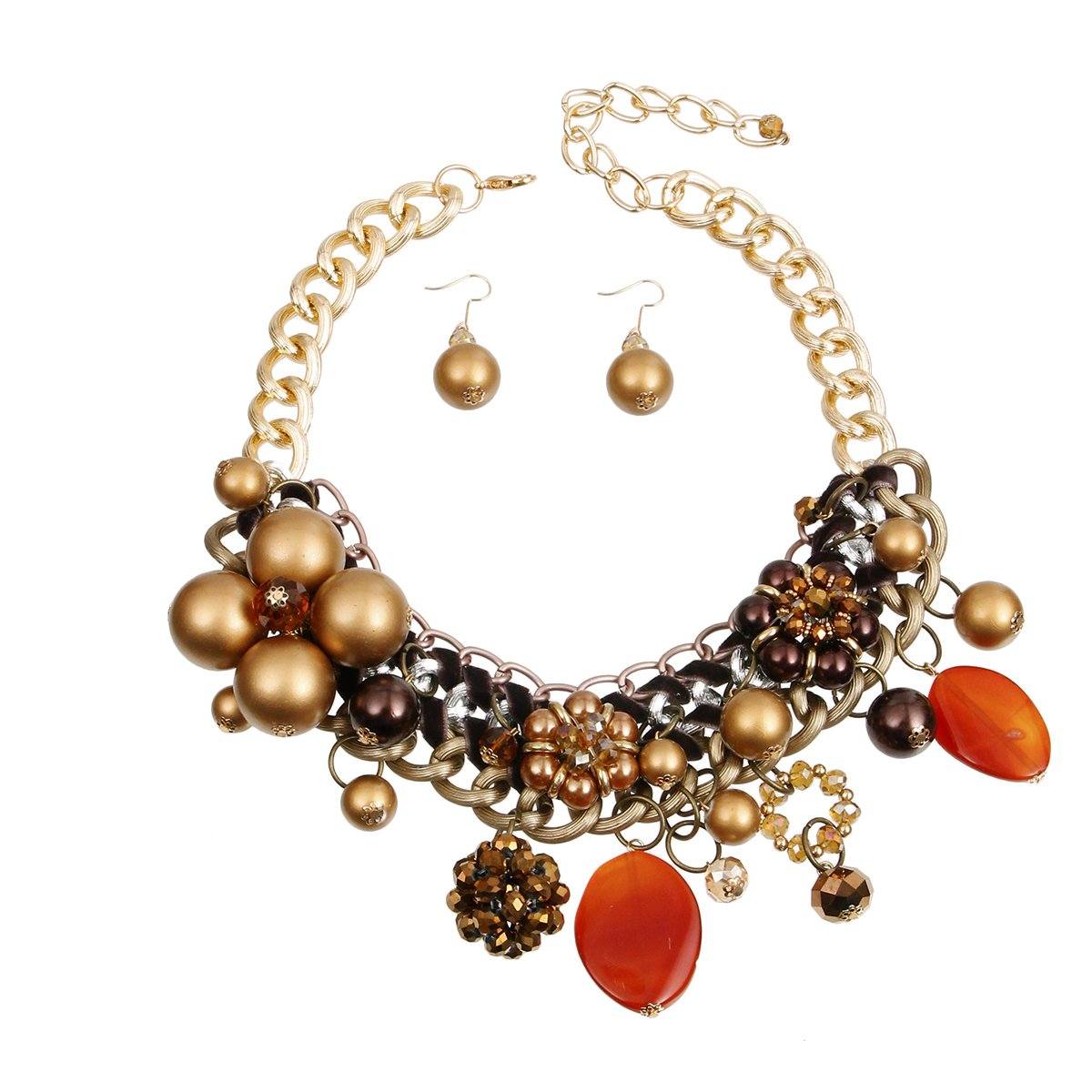 Chunky Chain Brown Pearl, Crystal, and Bead Charm Necklace Set