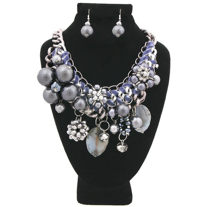 Chunky Chain Hematite Pearl, Crystal, and Bead Charm Necklace Set