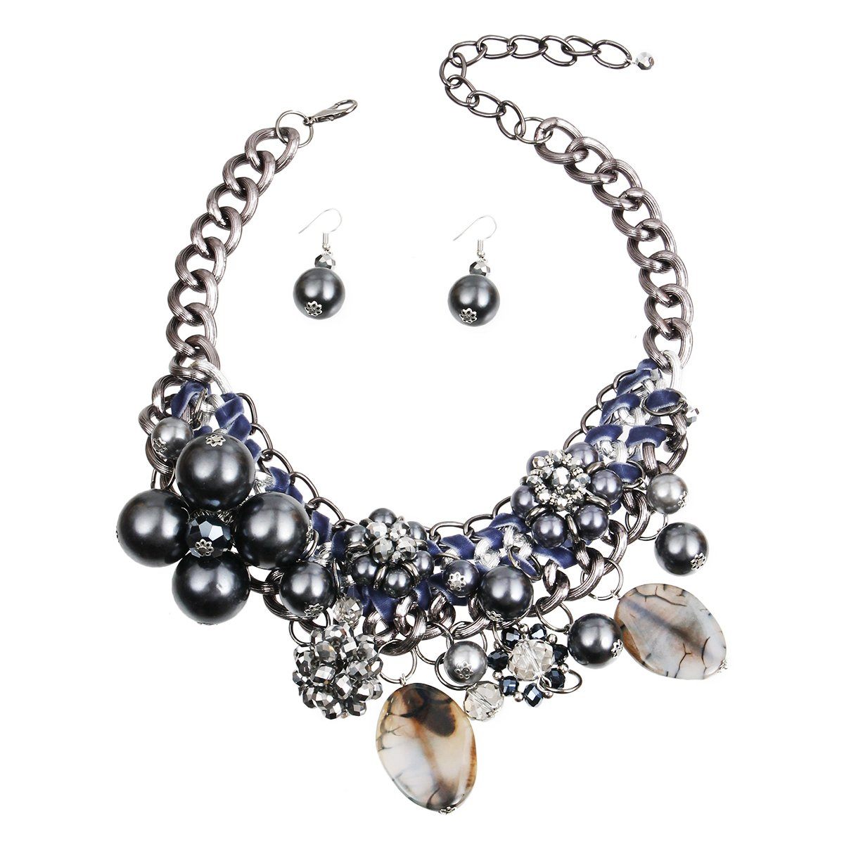 Chunky Chain Hematite Pearl, Crystal, and Bead Charm Necklace Set