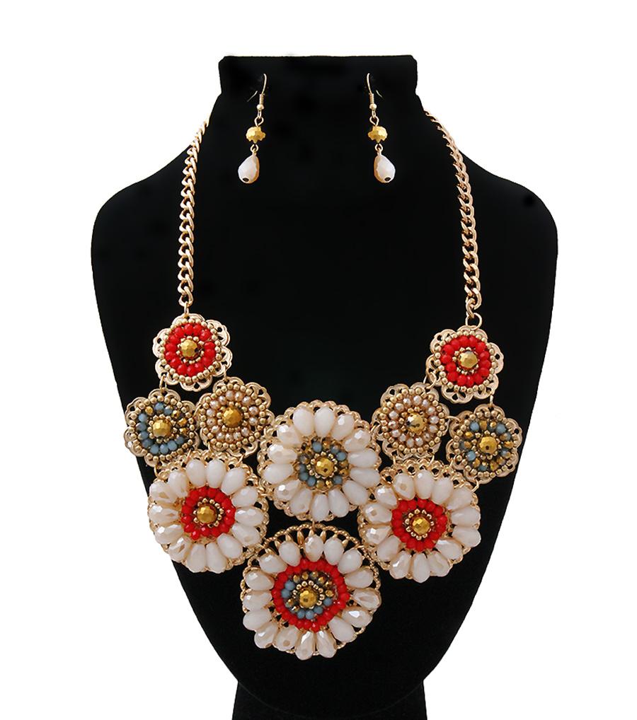 Gold Filigree and Bead Flower Bib Necklace Set