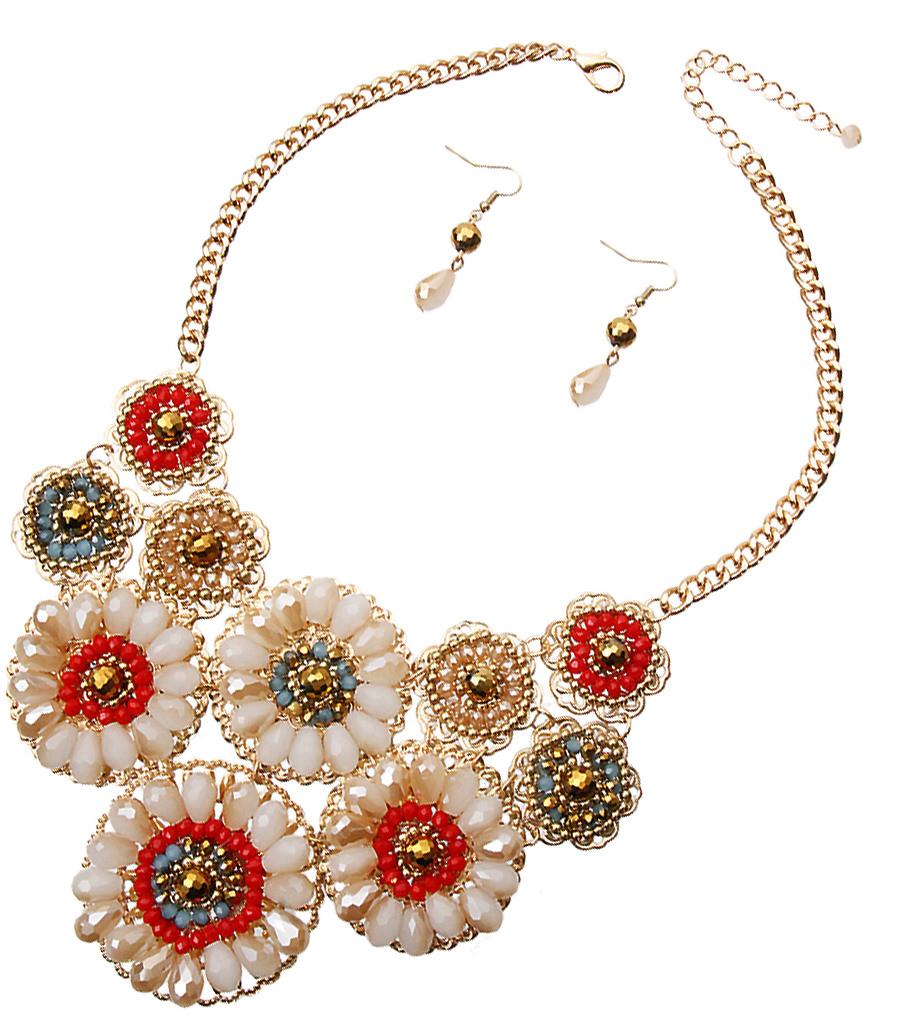 Gold Filigree and Bead Flower Bib Necklace Set