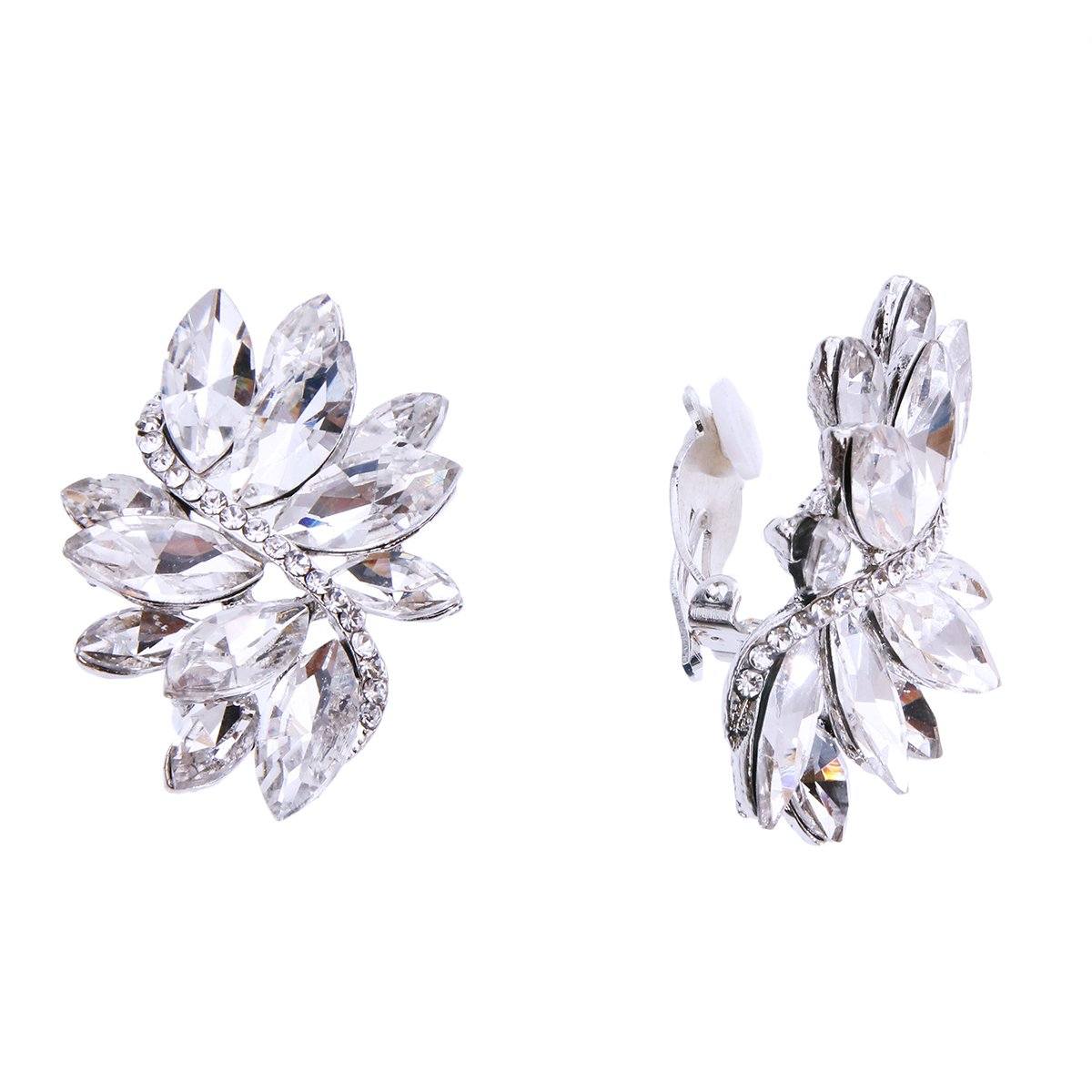 Marquise Crystal and Rhinestone Silver Clip On Earrings