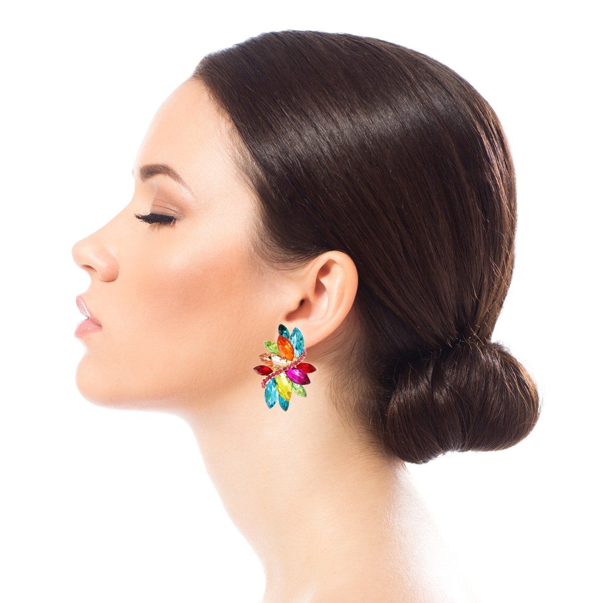Multi Color Marquise Crystal and Rhinestone Gold Clip On Earrings