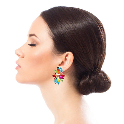 Multi Color Marquise Crystal and Rhinestone Gold Clip On Earrings