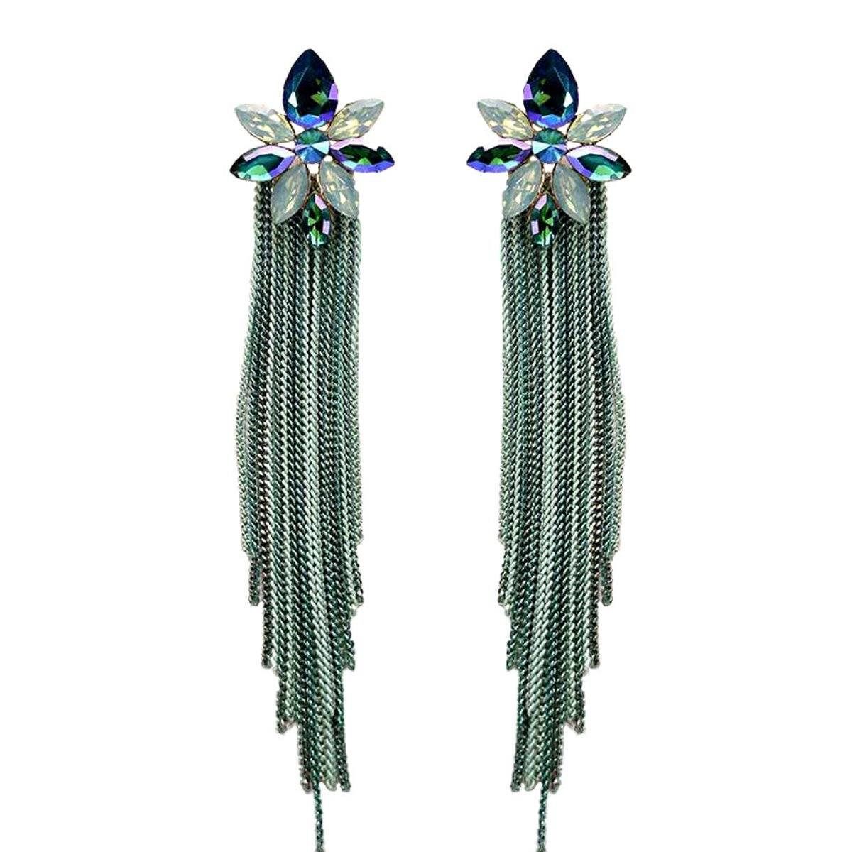 Green Crystal Chain Fringe Earrings