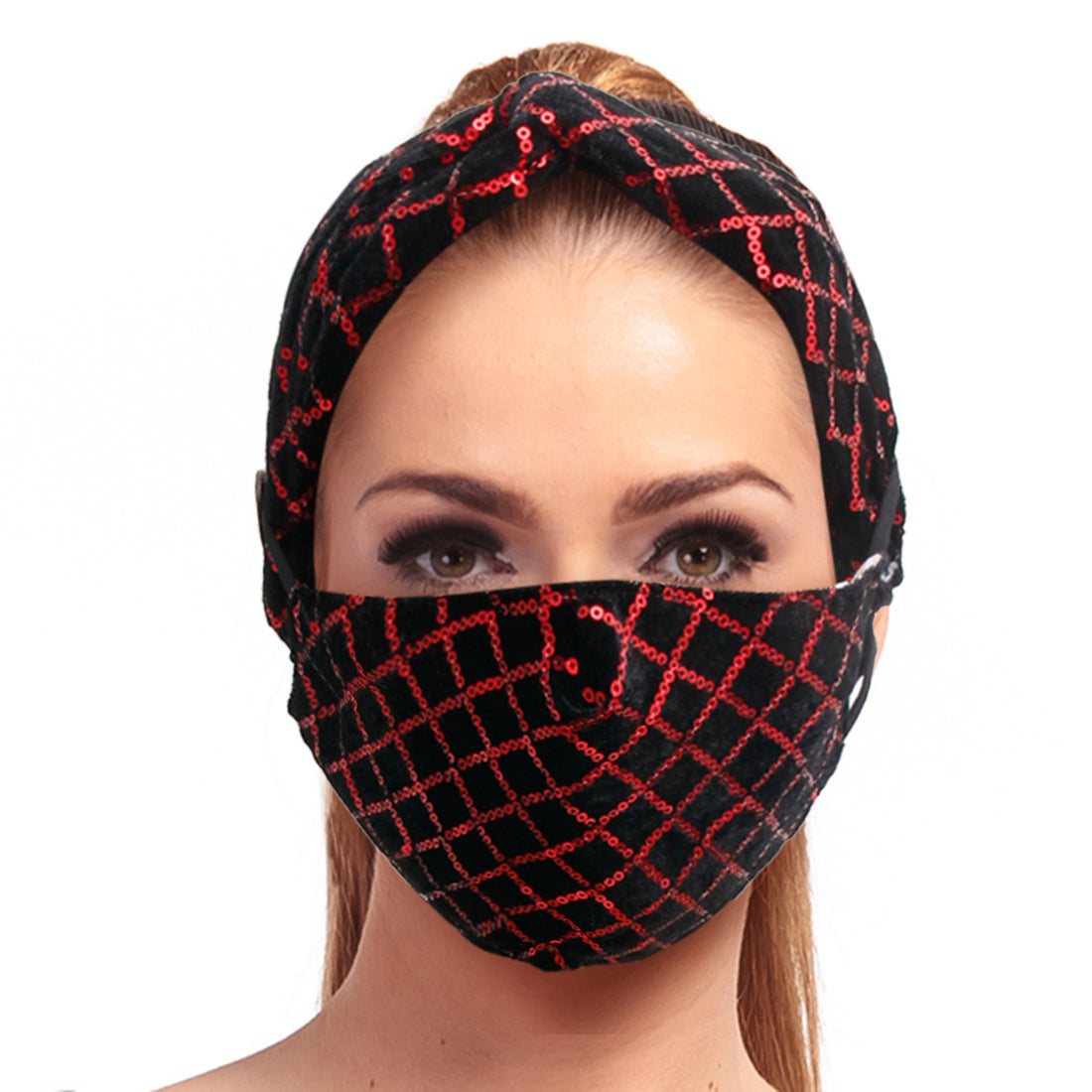 Red Sequin Velvet Mask Headband Set