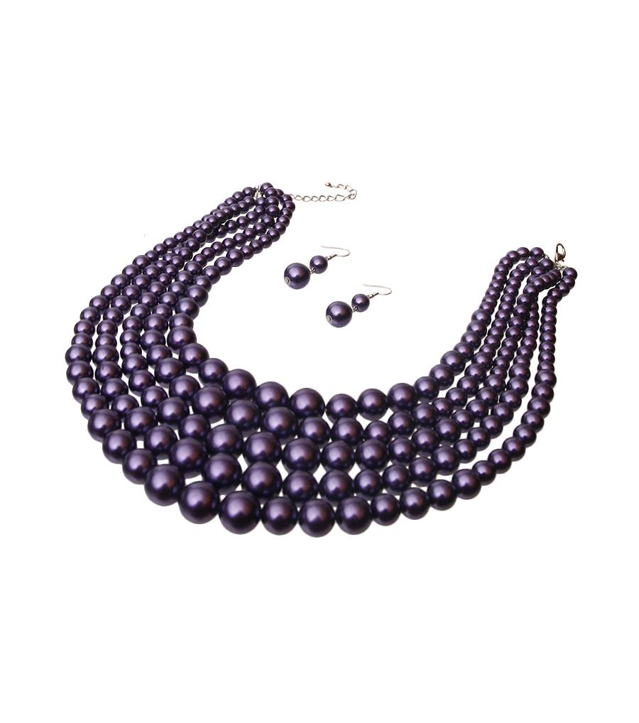 Dark Purple Multi Strand Pearl Necklace Set