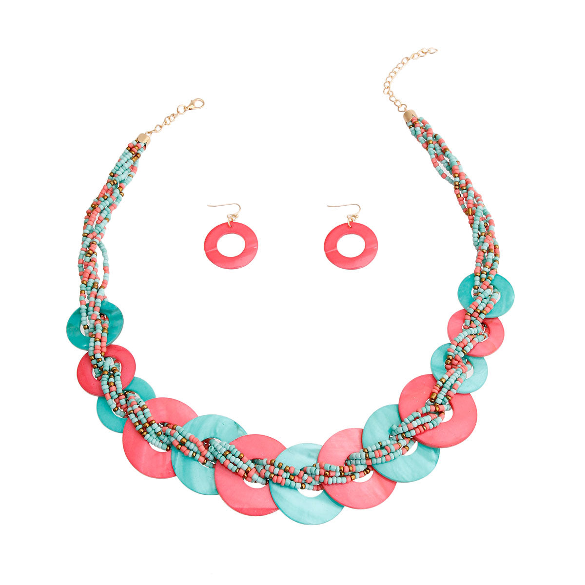 Turquoise and Coral Bead Disc Necklace