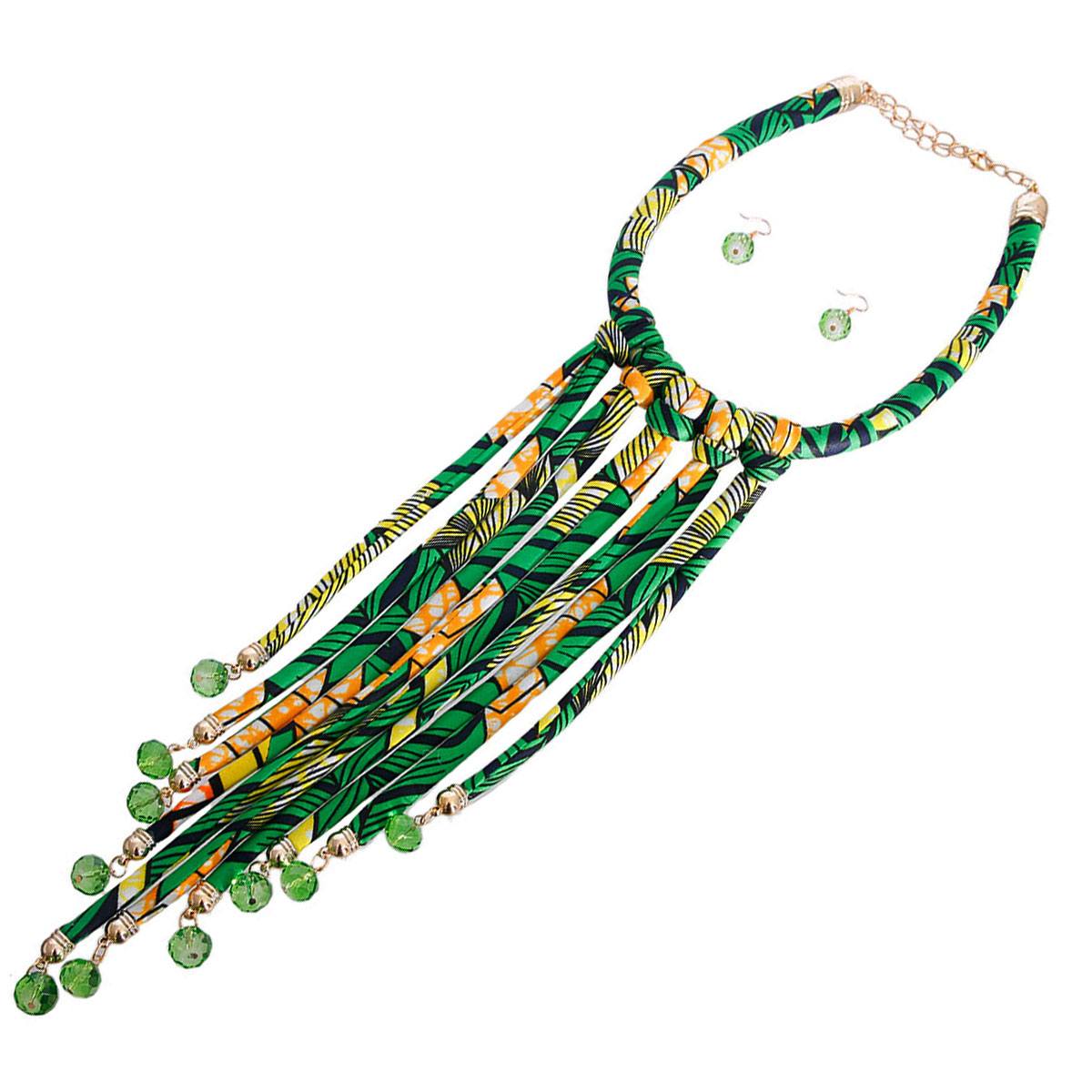 Long Green Tribal Rope Fringe Necklace Set