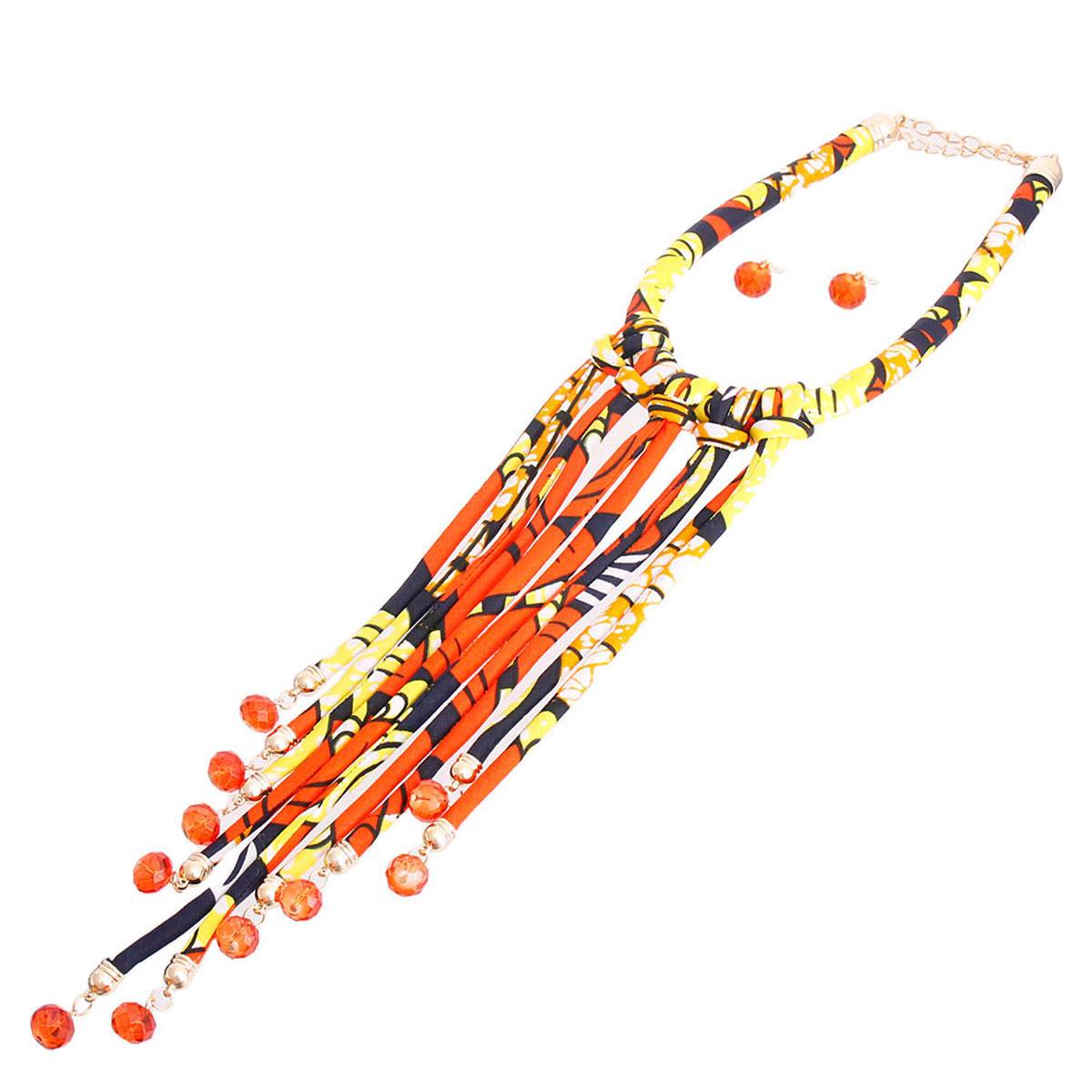 Long Orange Tribal Rope Fringe Necklace Set