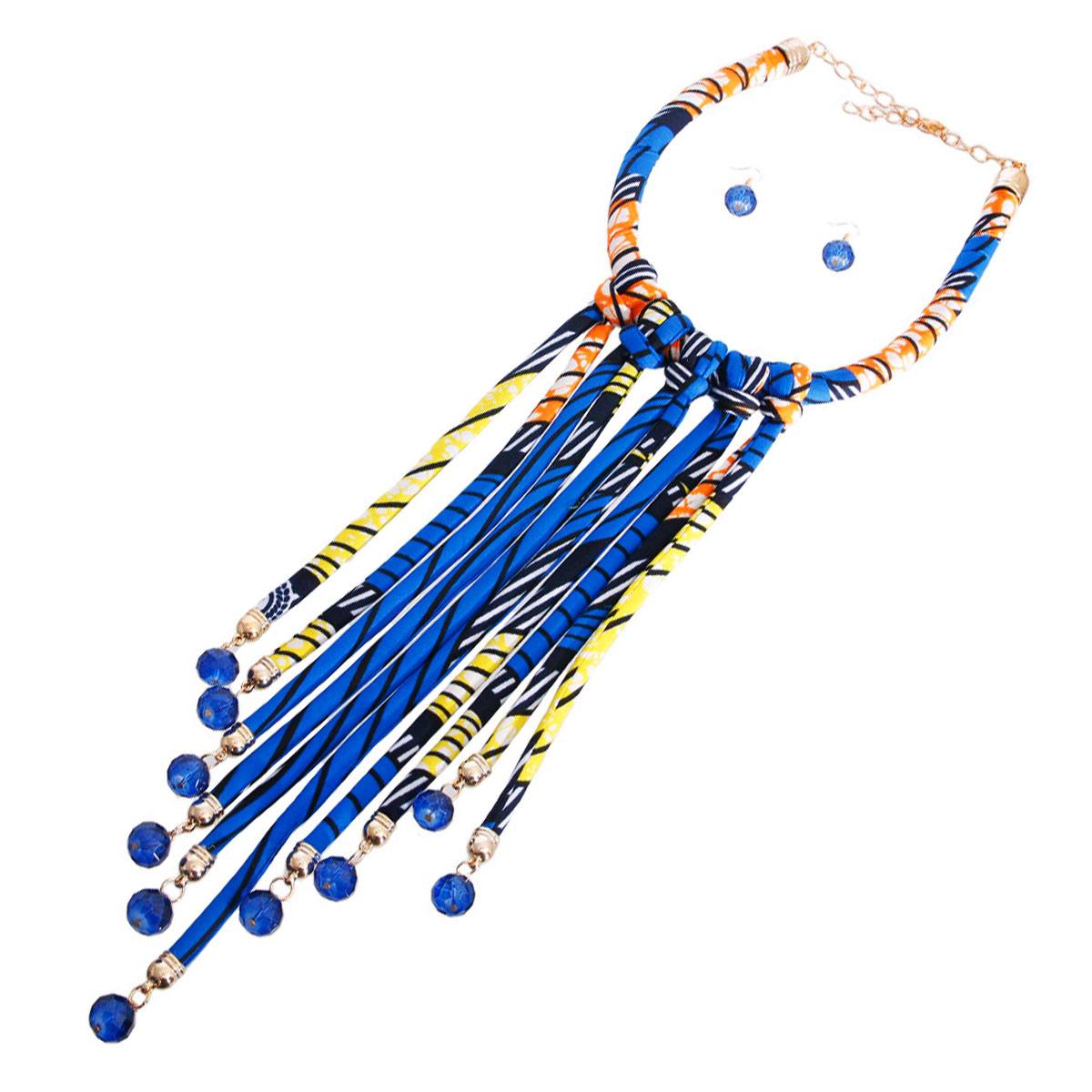 Long Royal Blue Tribal Rope Fringe Necklace Set