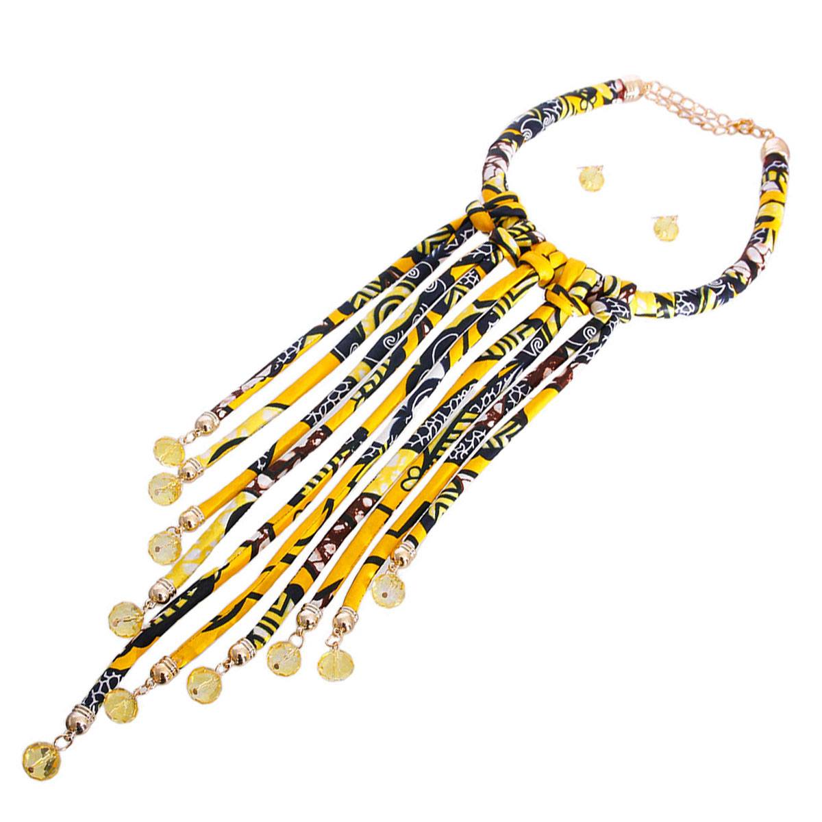 Long Yellow Tribal Rope Fringe Necklace Set