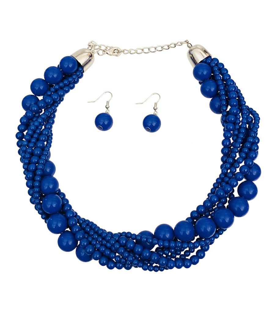 Silver and Royal Blue Bead Twisted Necklace Set