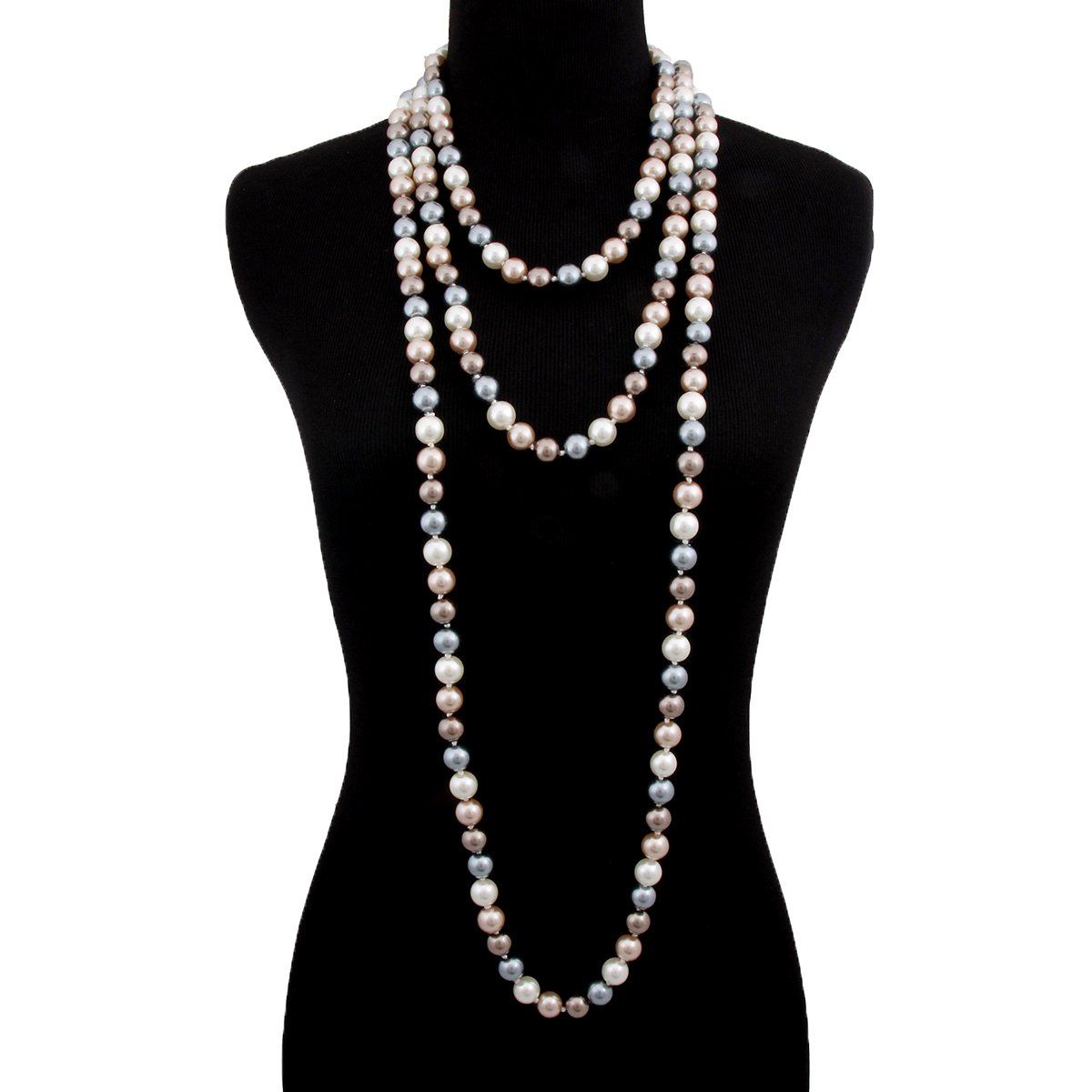 Gold, Cream, and Gray Glass Pearls Coco Designer Style Endless Necklace