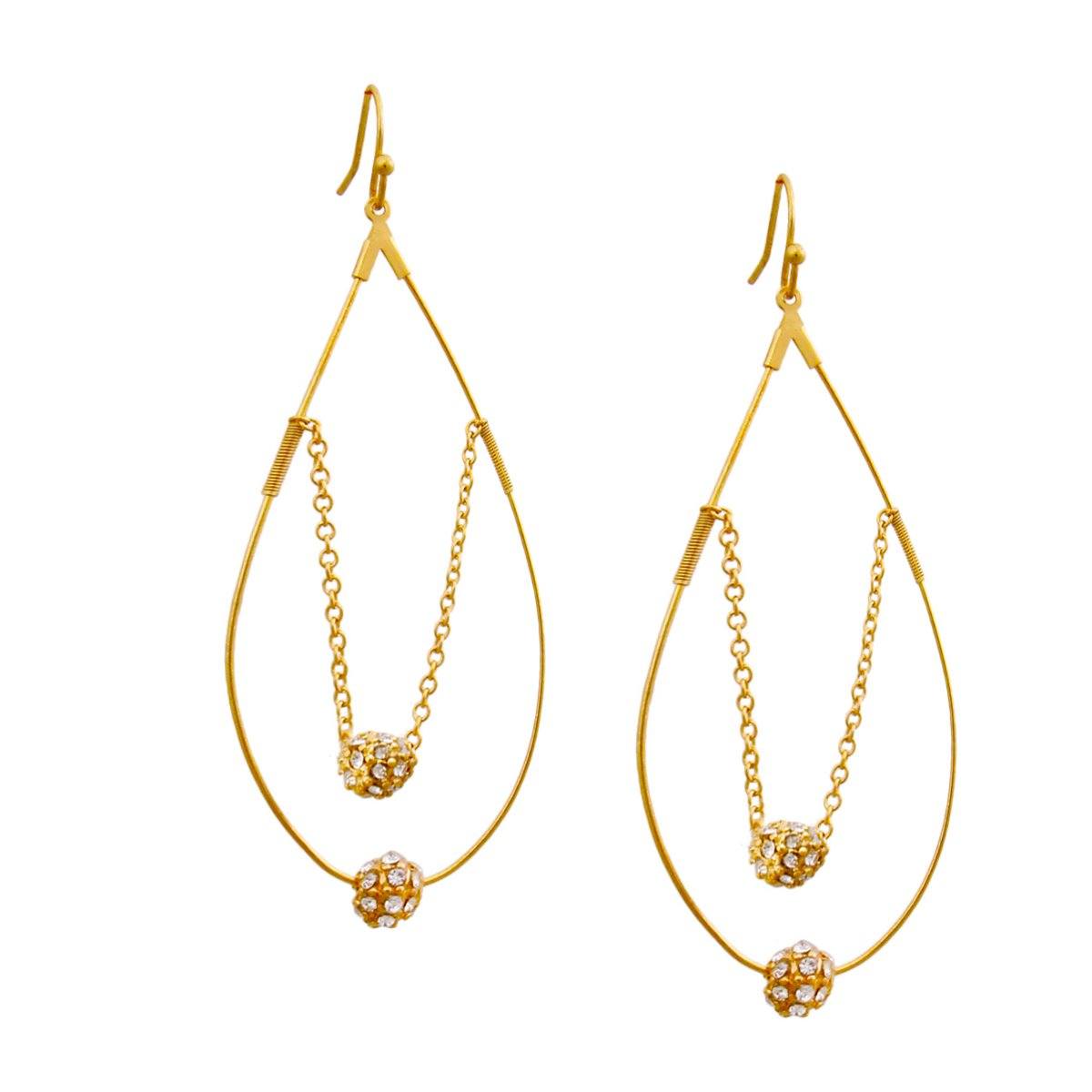 Gold Teardrop Earrings with Gold Chain and Rhinestone Ball Detail