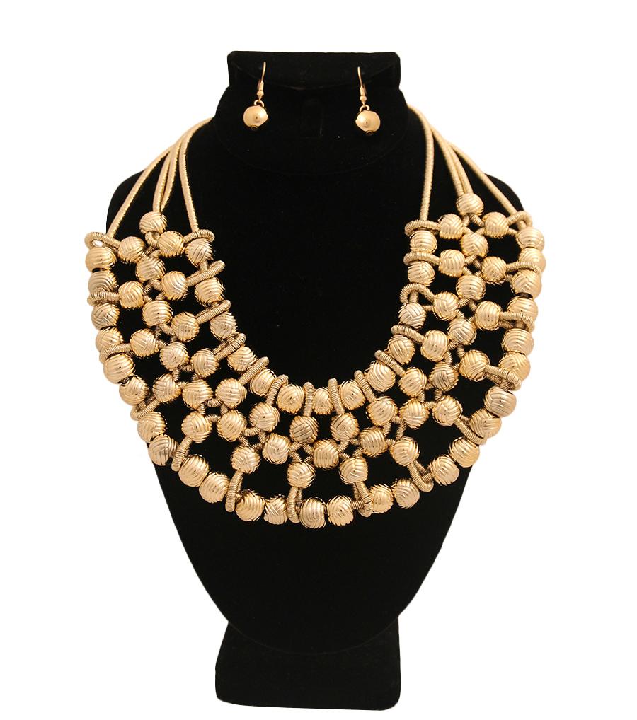 Gold Textured Beads and Woven Cord Necklace Set