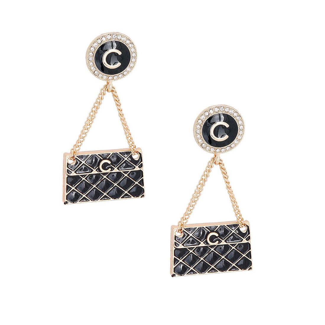Black Quilted Bag Gold Earrings