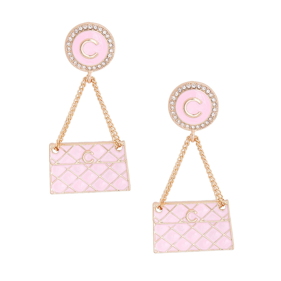 Pink Quilted Bag Gold Earrings