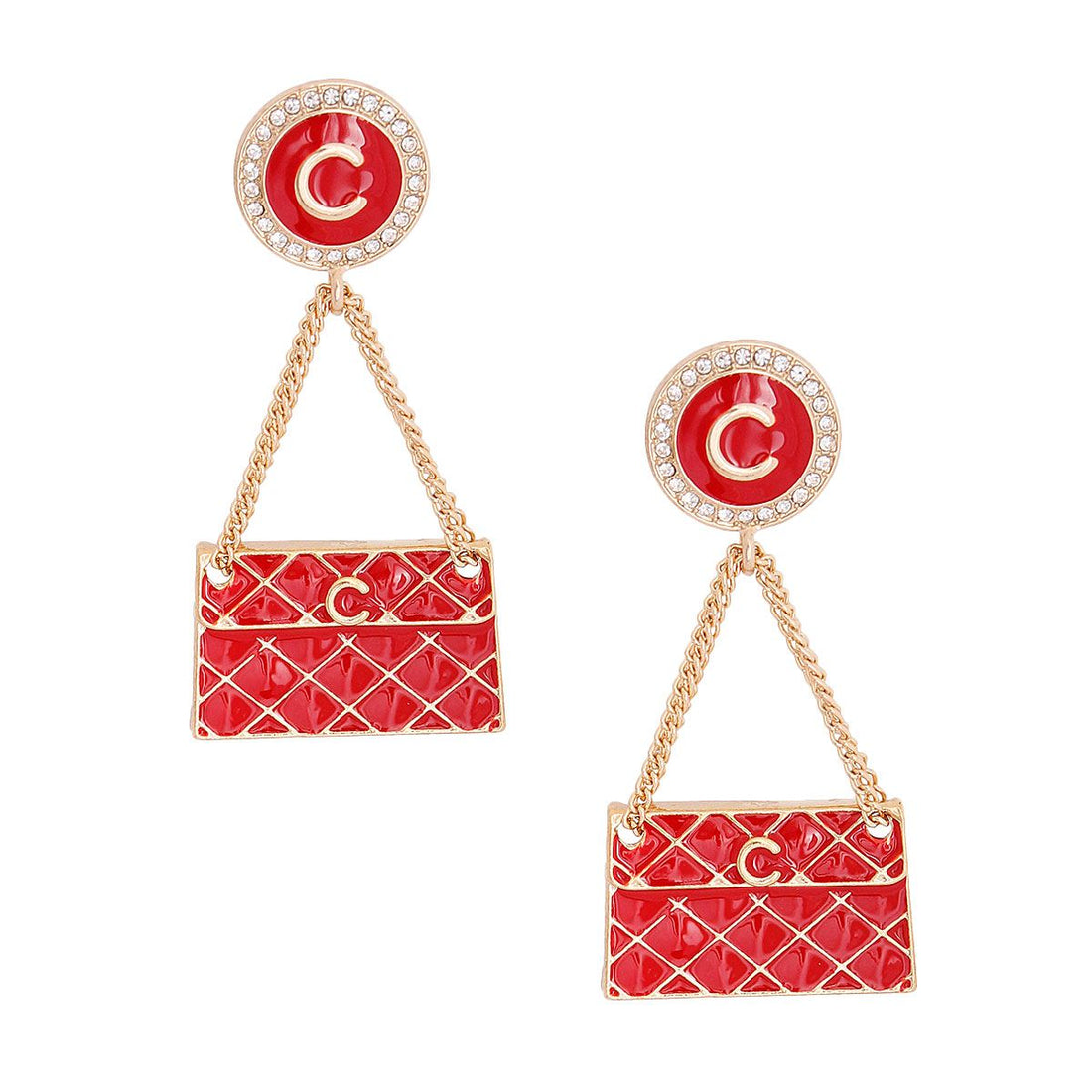 Red Quilted Bag Gold Earrings