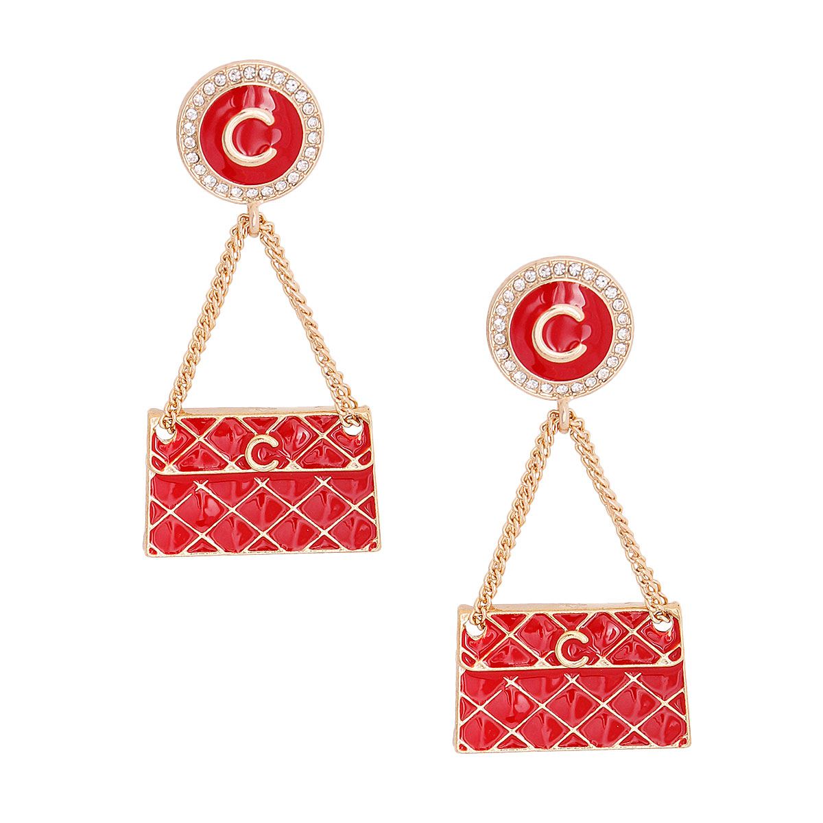 Red Quilted Bag Gold Earrings