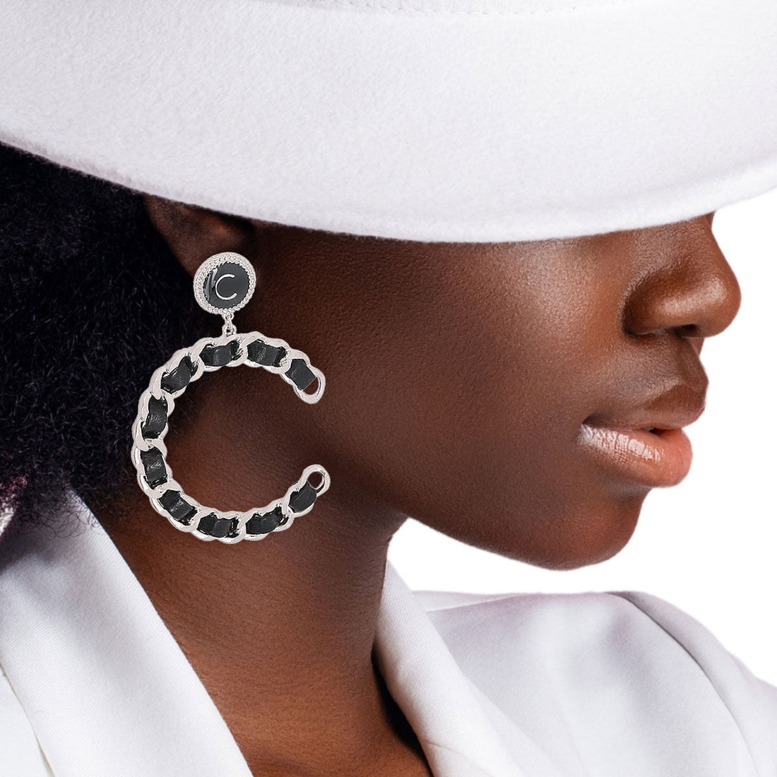 Black Woven C Designer Silver Earrings