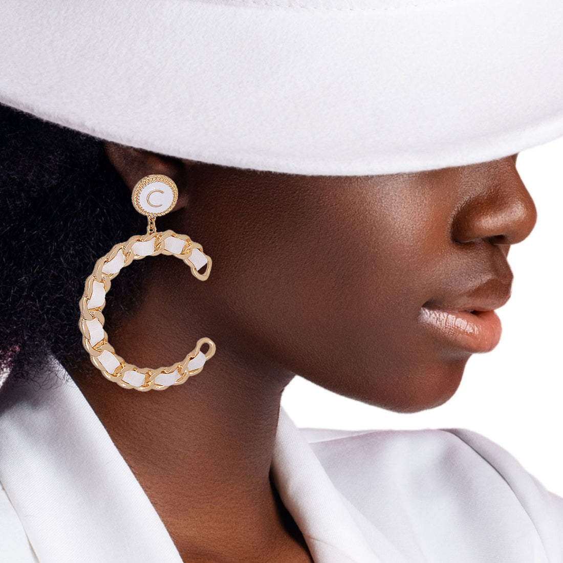 White Woven C Designer Gold Earrings