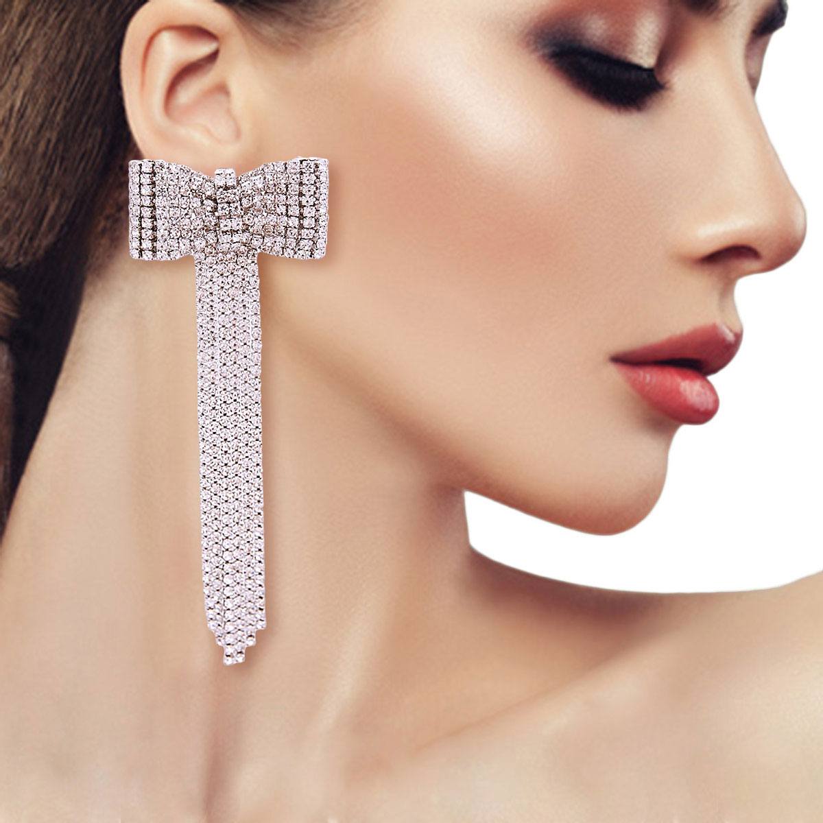 Silver Rhinestone Bow Fringe Earrings