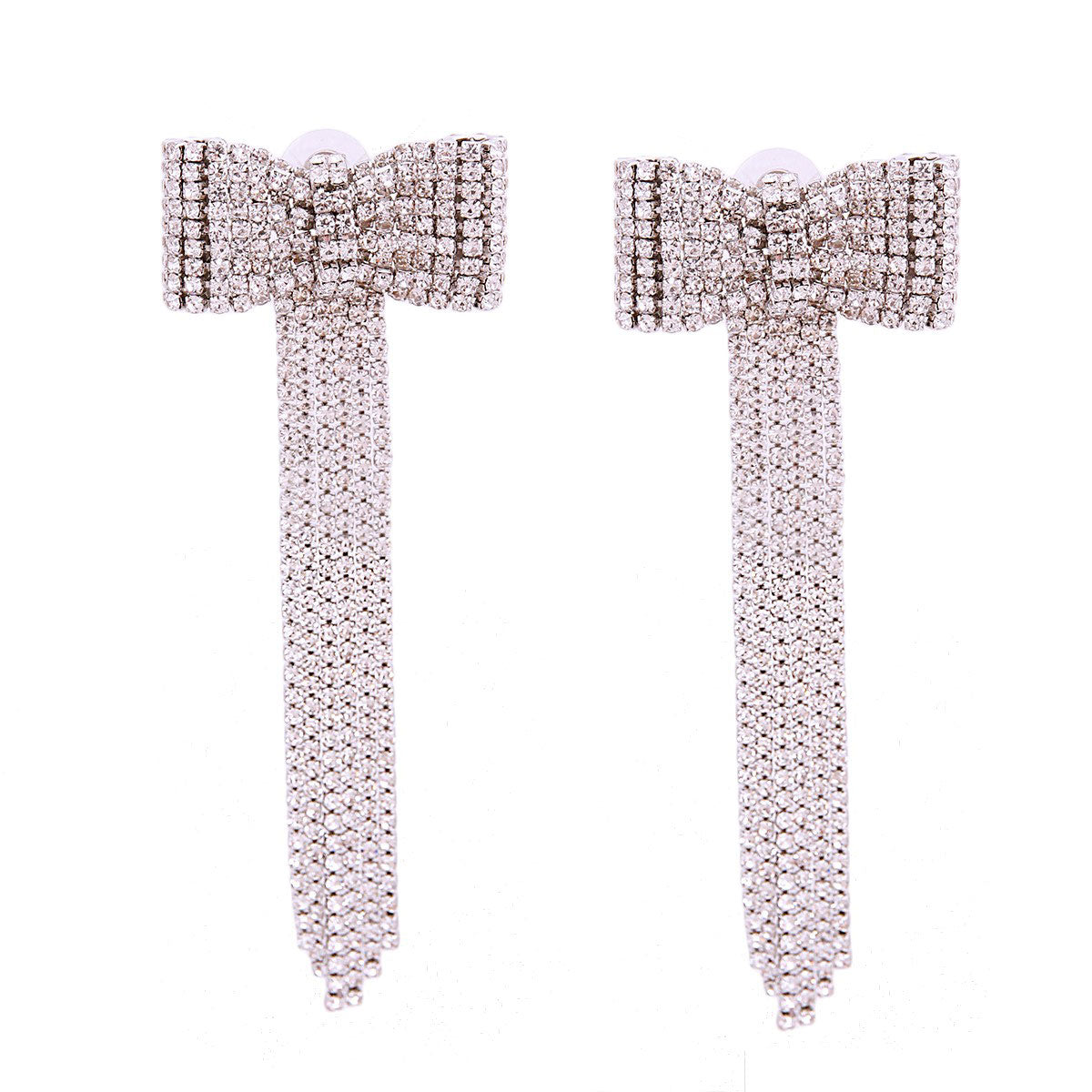 Silver Rhinestone Bow Fringe Earrings